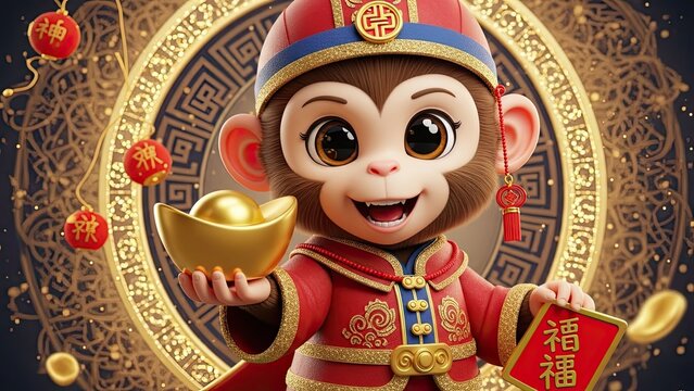 Cartoon monkey holding gold and banner celebrating festival with ornate background