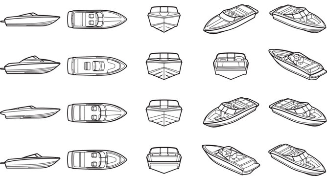 A collection of sleek, stylized speedboats in a vector illustration, meticulously presented from diverse perspectives. This illustration presents various speed boat designs for versatile applications.