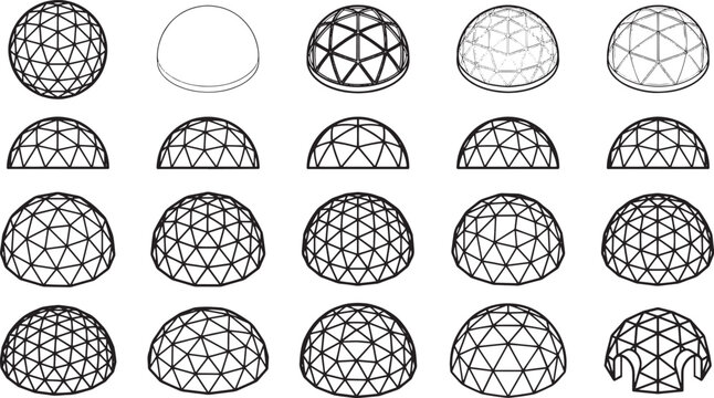 Geodesic Dome Construction Illustrations, Showcase the structural integrity and design of the dome across various stages.