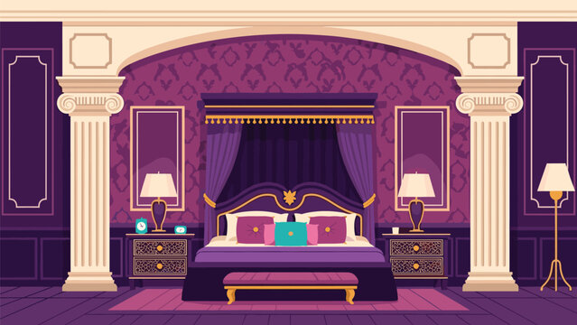 Luxurious purple bedroom interior featuring a grand canopy bed with gold accents, classical marble pillars, and elegant ambient lighting.