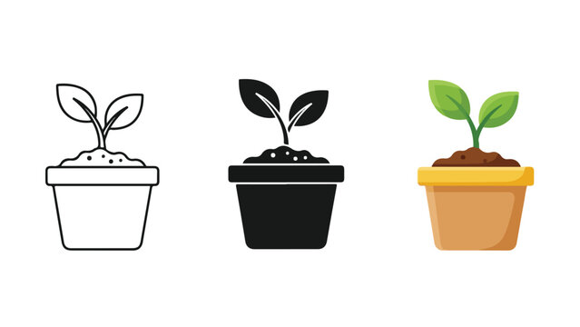 Small plant in ceramic pot vector icon set - logo icons vector set. Blue, Black and white icons