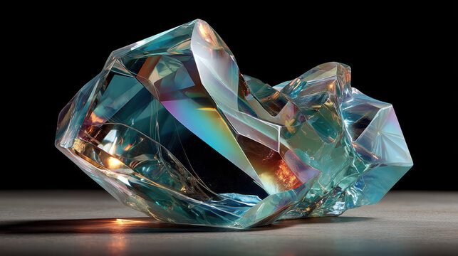 Stunning large transparent crystal gemstone with colorful reflective surfaces on a dark background