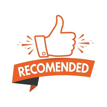 Orange thumbs up icon with recomended banner isolated on white background