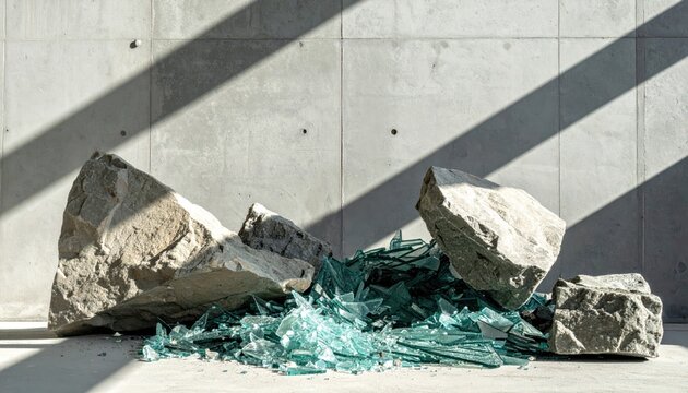 Heavy stone slabs crushing brittle green glass against a concrete wall with dramatic shadows