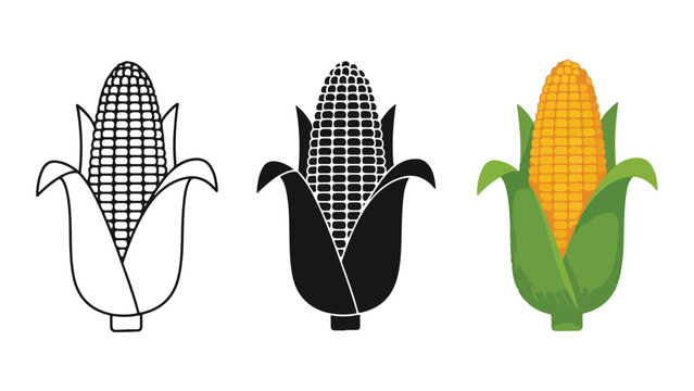 Sweet corn cob vector icon set in three styles - Solid vector icons - Clipart, sticker - icon set
