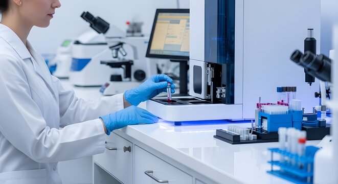 Scientist In Lab Coat Analyzing Blood Sample With Modern Equipment