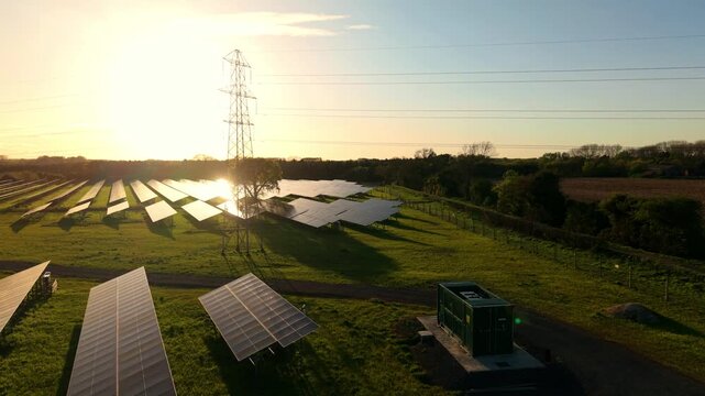 Low aerial flight over Tiln solar farm at sunset with golden light reflecting off photovoltaic panels UK