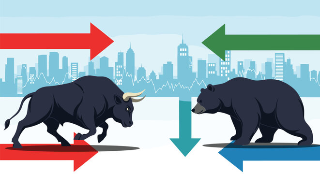 Bull and bear market symbols representing the stock market struggle between rising and falling prices in front of a city skyline illustration.
