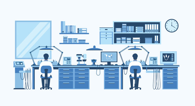 Modern laboratory interior for scientific research with workstations, computers, microscopes, and various technical equipment in blue tones.