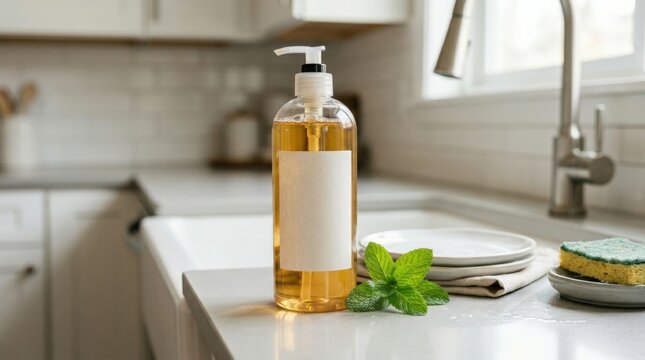 Generic dish soap bottle with blank label placed beside mint leaves