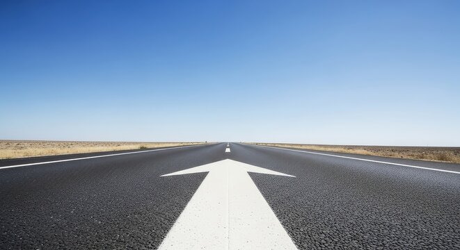 A long straight asphalt road stretches toward a distant horizon under a clear sky with a large white arrow painted on the gray pavement, route, success, highway