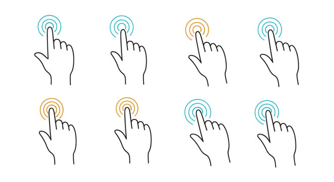 Set of several human hand icons with circular touch indicators showing different colors for interactive digital interface design.