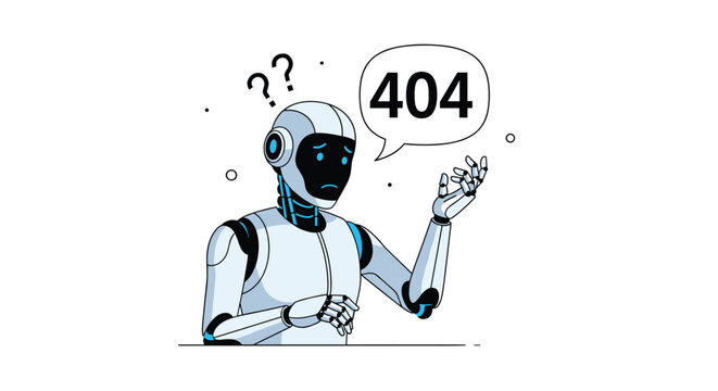 Confused white robot with a sad face looks at a speech bubble containing the number four zero four representing a website error.