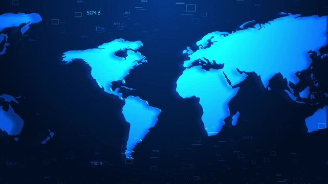 Abstract world map floating data numbers, squares, digital interface elements. global technology network, big data analytics, worldwide communication, information flow, futuristic visualization.