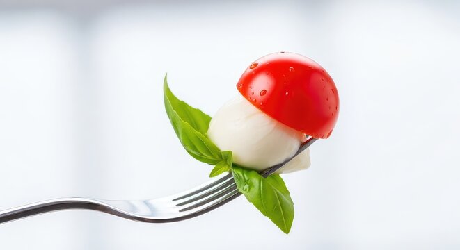 Close up of a fresh caprese appetizer featuring a juicy red cherry tomato, creamy mozzarella ball, and green basil leaf on a silver fork, mozzarella, hors d'oeuvre, lunch