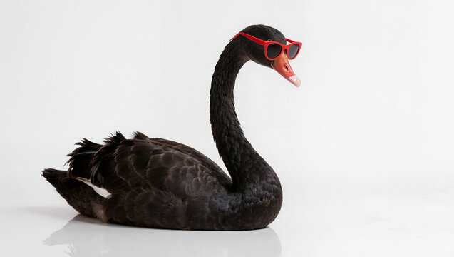 A black swan wearing a red sunglasses , isolate white background ,studio light.