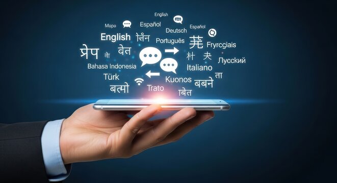 Hand holding smartphone displaying multilingual translation application interface