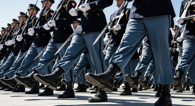 Disciplined rows of military uniforms in formation, marching with rifles. Sunlight reflects off sharp bayonets and polished leather boots, rifle, defense, precision