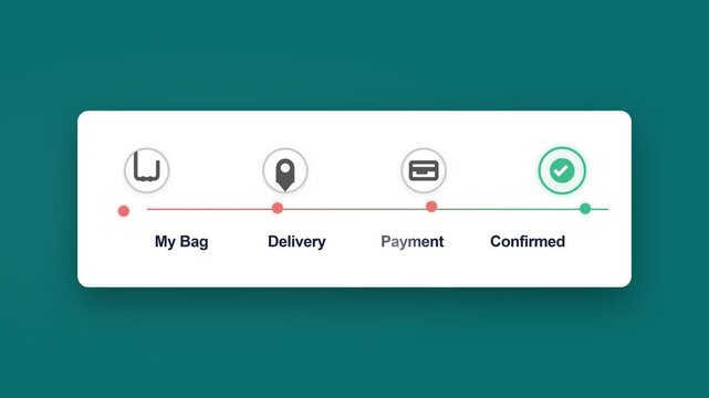 Minimalist Ecommerce Order Status Progress Bar Animation showing Checkout Steps from Bag to Delivery and Confirmed