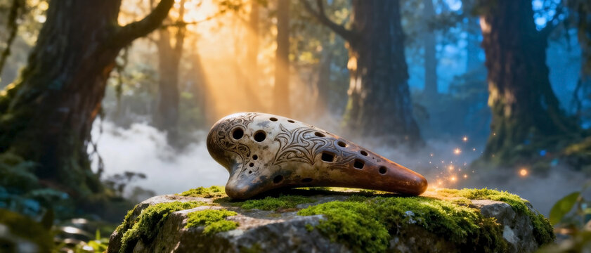 Ocarina fantasy forest scene with ancient musical instrument resting on mossy stone. Soft mist drifts through magical lighting, creating whimsical atmosphere within mysterious ocarina fantasy forest.