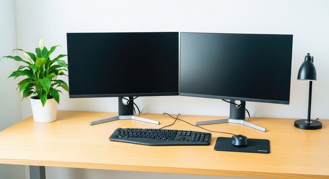 Ein heller Schreibtisch mit zwei Monitoren, ergonomischer Tastatur, Maus und Zimmerpflanze in einem modernen und funktionalen Heimb&uuml;ro, Programmierung, Arbeitsbereich, Holz