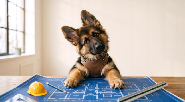 German Shepherd puppy leaning on architectural blueprints. Cute dog with a head tilt looking at a miniature yellow hard hat and drafting tools on a desk. Construction and building planning concept