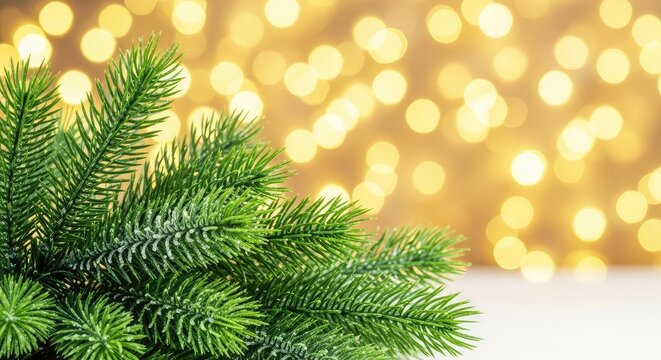 Imagen festiva con ramas verdes de abeto en primer plano y un fondo desenfocado de luces doradas brillantes creando un ambiente c&aacute;lido, pino, puntos de luz, brillante