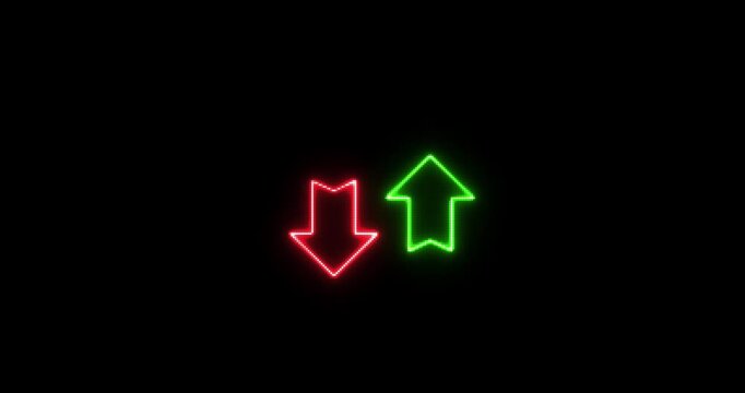 Neon colorful Swipe up and down arrow animation. Glowing up and down arrow pointer icon sign. neon arrows moving on a black background
