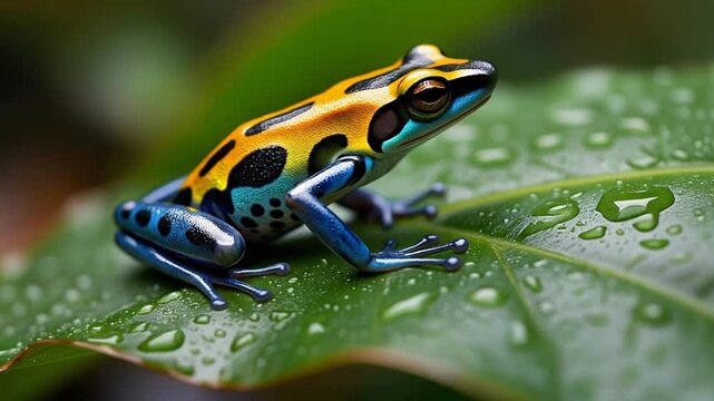 A vibrant poison dart frog on a wet leaf, showcasing brilliant yellow, blue, and black markings