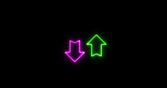 Neon colorful Swipe up and down arrow animation. Glowing up and down arrow pointer icon sign. neon arrows moving on a black background
