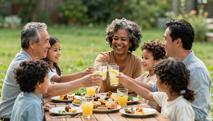 Obraz premium Authentic Multiethnic Family Picnic Celebration Outdoors in Backyard