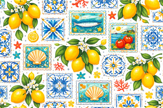 Amalfi Summer Pattern with Yellow Citrus Lemons, Blue Mediterranean Sea Tiles, and Vintage Italian Style Illustration. Seamless Background with Tomatoes, Fish, Shells, Coral, and Starfish Art.