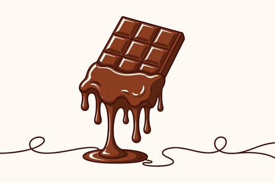 Melting chocolate bar illustration with liquid cocoa dripping down. Minimalist flat vector design featuring a continuous line art background. Ideal for food, dessert, and confectionery designs.
