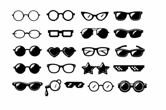 Set of hand-drawn and pixel art eyeglasses and sunglasses icons in black and white, featuring round, square, heart, star, aviator, and cat-eye frames for fashion, web design, and graphic projects.