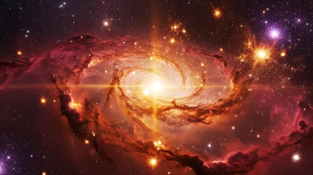 Glowing spiral galaxy spinning in deep space, slow zoom