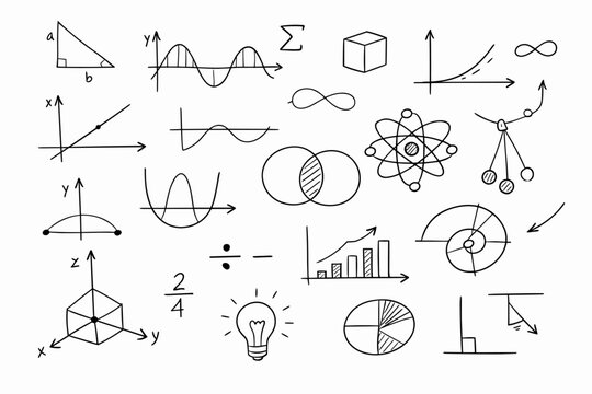 Hand drawn math and science doodles set with formulas, graphs, geometry shapes, and physics symbols. Educational vector illustration for mathematics, algebra, calculus, and engineering concepts.