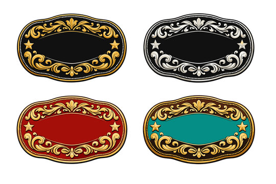 Ornate vintage western cowboy belt buckle medal and typographic emblem label design set with gold silver filigree scrolls and stars for classic old west trophy award vector illustration.