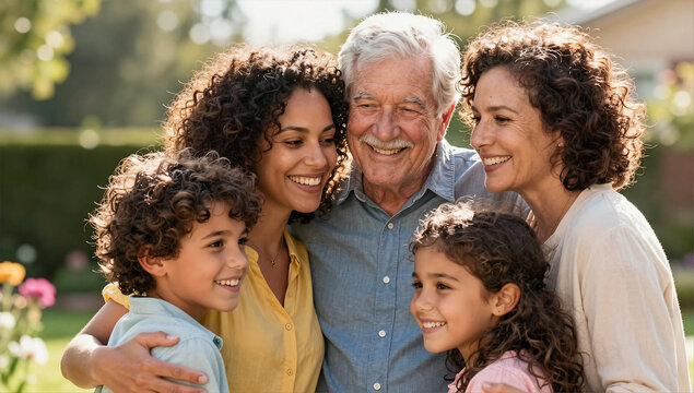 Heartwarming Multigenerational Interracial Family Portrait with Grandparents Hugging
