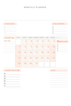 Minimalist monthly planner page with peach and warm grey palette clean modern family organizer layout
