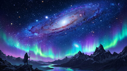 Fototapeta premium Fantasy Mountain Landscape with Vibrant Northern Lights and Galaxy Sky