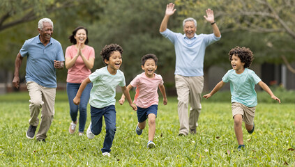 Obraz premium Playful Multigenerational Family Interaction and Fun on Green Lawn