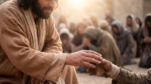 Jesus healing poor man. Biblical scene of Messiah touching hand of injured beggar amidst crowd. Spiritual miracle, divine compassion, christianity, faith, worship and mercy concept.