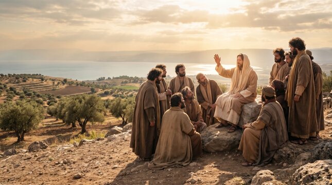 Jesus teaching his disciples on a hillside. Biblical scene of a prophet preaching at the sea of Galilee. Religious concept for christianity, spirituality, faith and church events.