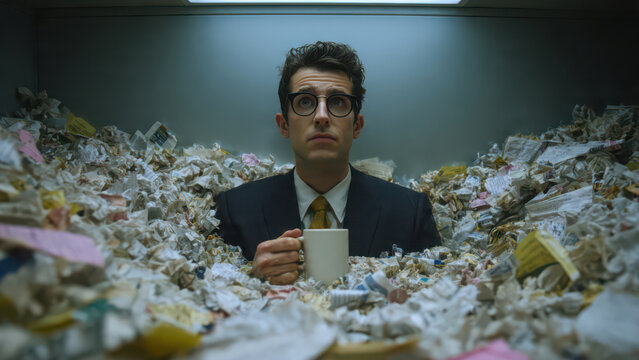 Stressed businessman buried under pile of paperwork.