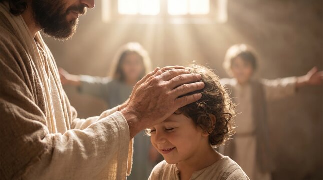 Jesus blessing a child. Prophet touching the head of a boy in a gesture of love and grace. Iconic scene of spirituality and religious compassion in a historical setting. Divine religious art.