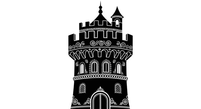 Black and white castle tower illustration.