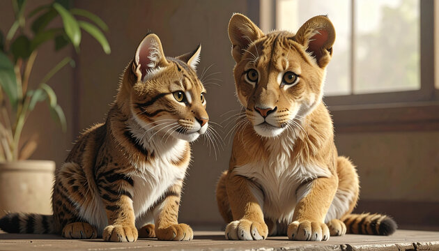 Anak kucing dan anak singa duduk di dalam ruangan