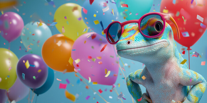 Funny lizard in sunglasses holding colorful birthday balloons, greeting card invitation on blue background with copy space.