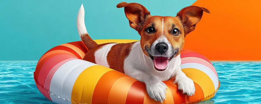 Happy Jack Russell dog relaxing on an inflatable donut float in a colorful summer pool