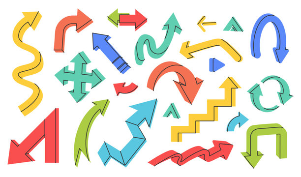 Arrow. Direction sign. Recycle cartoon, icon curved, circle. Bent, retro doodle navigation. Movement interface, abstract pointing. Computer sign. Vector garish symbol cartoon flat style isolated set